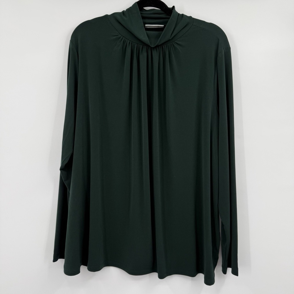 Susan Graver Shirt Womens 2X Green Dark Turtle Neck Liquid Knit Stretch Slinky